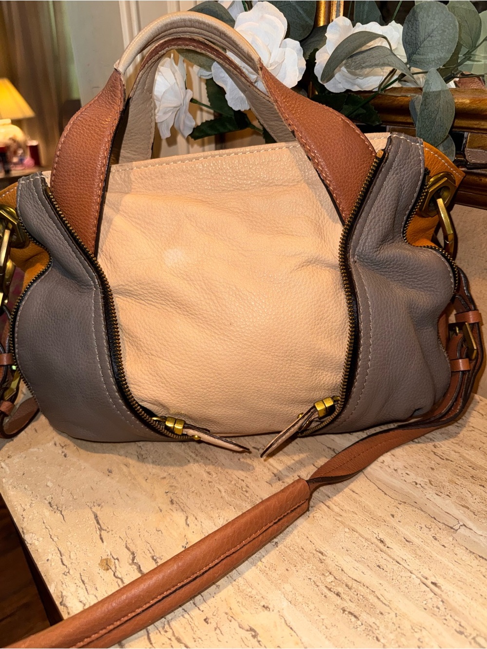 orYANY Three-Tone Leather Shoulder Bag - Beige, Gray & Brown